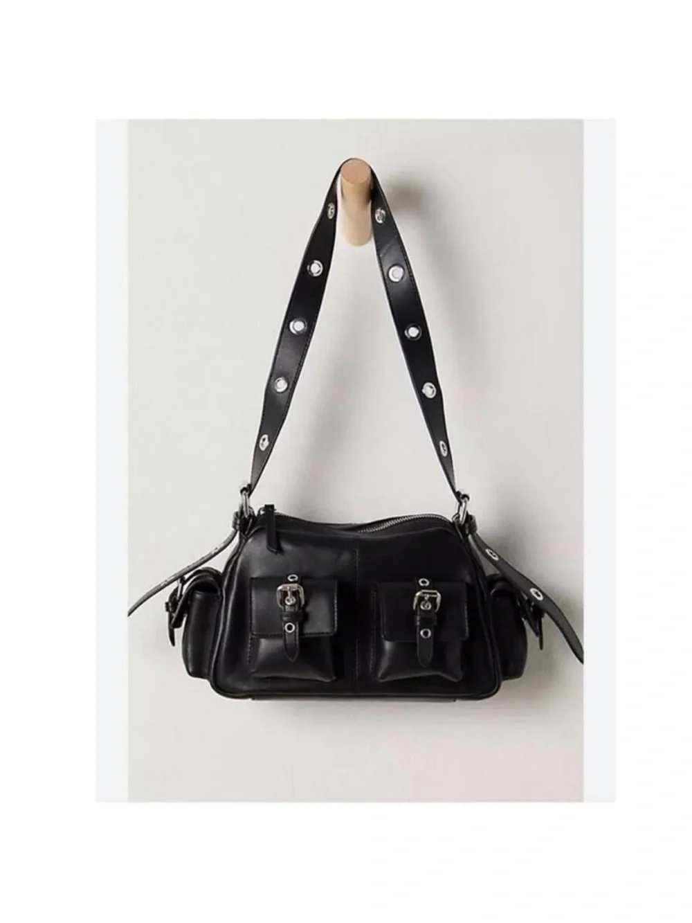 Free People Black Leather Shoulder Bag with Grommet Strap - Picture 1 of 7